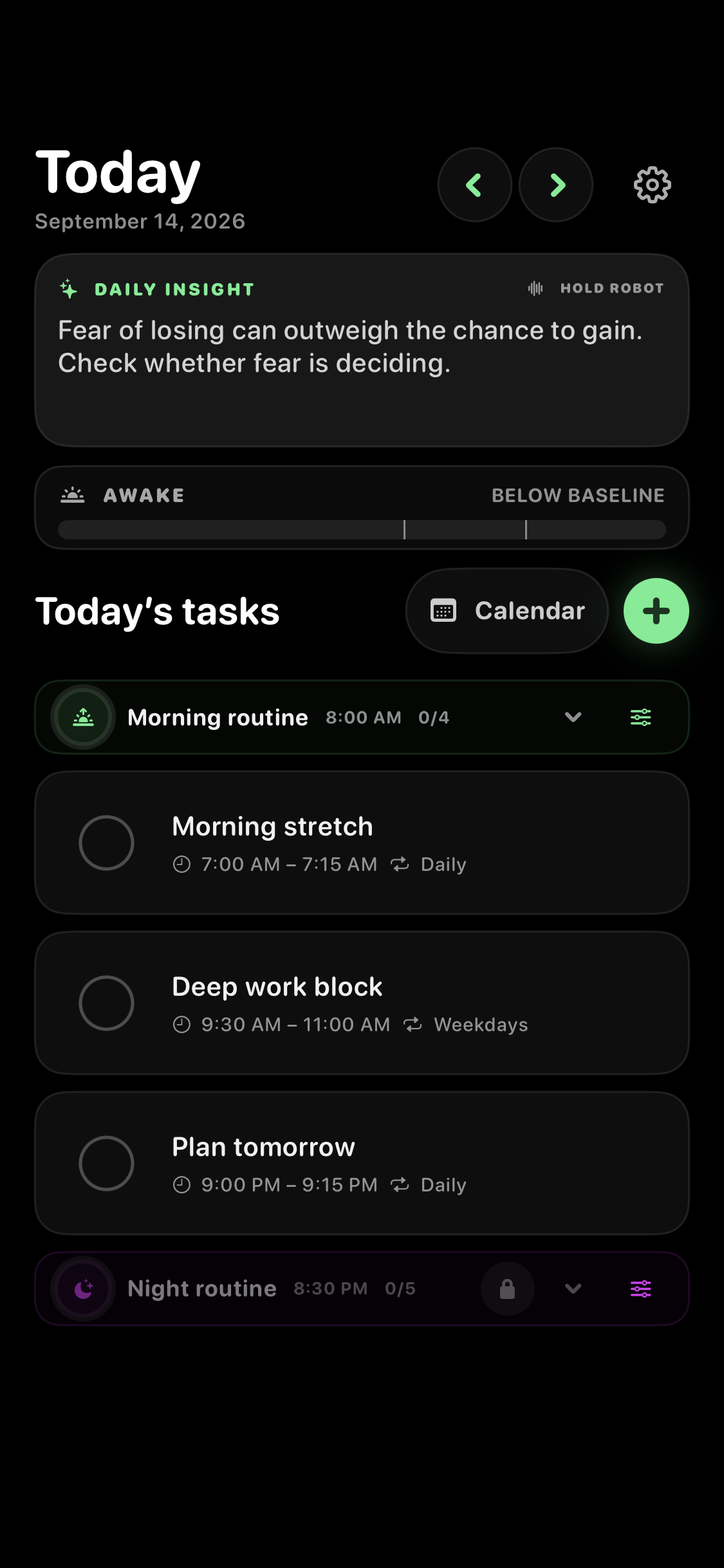 Clarity’s To-Do screen with a daily insight, morning routine, and scheduled tasks.